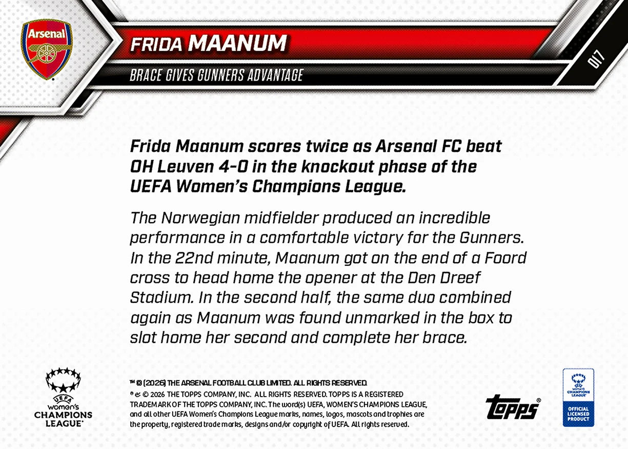 Topps NOW UWCL 2025/2026 - Card 017 - Frida Maanum - Arsenal